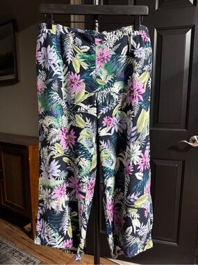 {J. Jill} Petite Black Tropical Floral Loose Relaxed Wide Leg Crop Pants WP20
